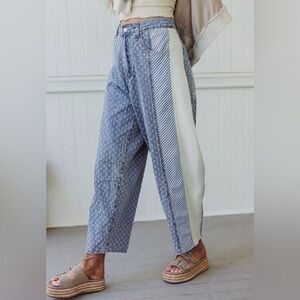 POL Textured Mixed Materiel Jean Barrel Leg Wide Leg Pants Size Large